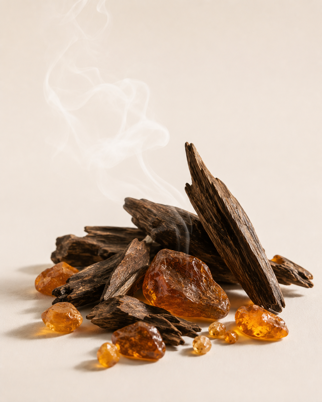 Natural oud wood chips with amber resin representing the rich woody base notes of QAASH Dubai Oud luxury perfume.