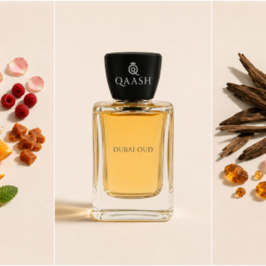 QAASH Dubai Oud luxury perfume bottle surrounded by orange, rose, jasmine, oud wood, amber resin and fresh botanical ingredients on a warm cream background.