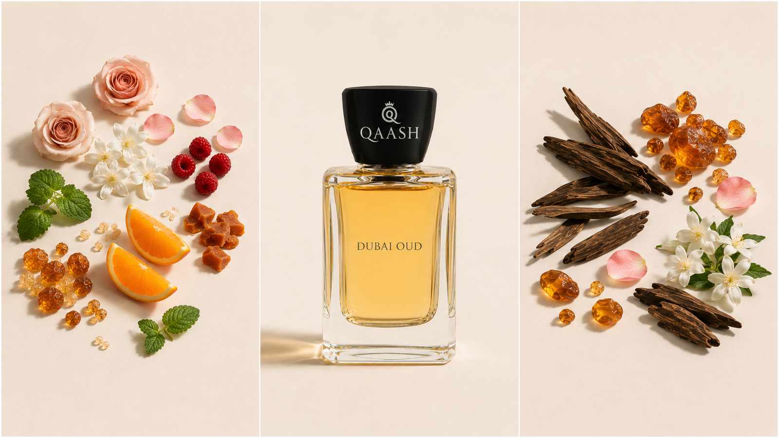 QAASH Dubai Oud luxury perfume bottle surrounded by orange, rose, jasmine, oud wood, amber resin and fresh botanical ingredients on a warm cream background.