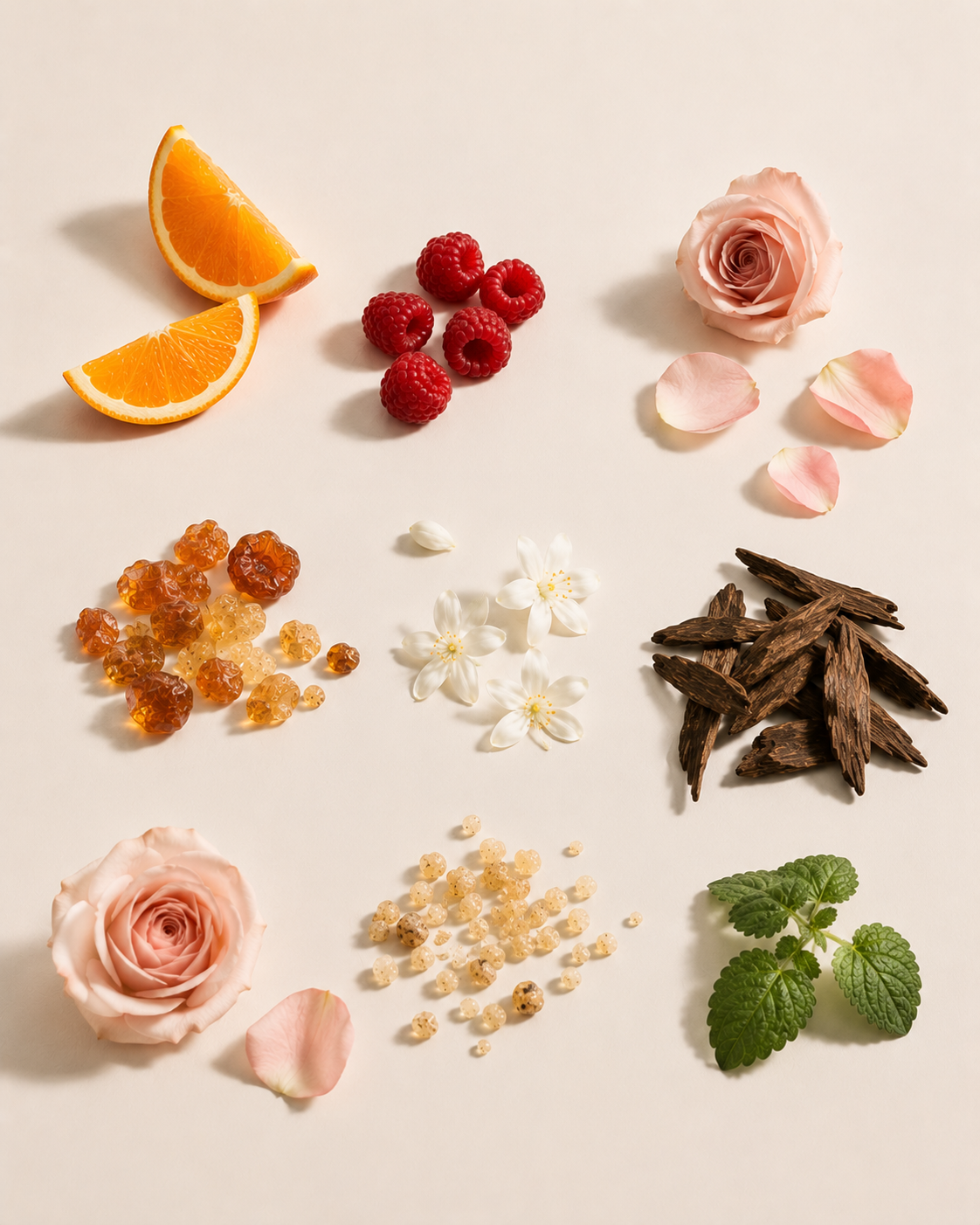 Orange, oud wood, flowers and spices representing the fragrance notes of QAASH Dubai Oud.